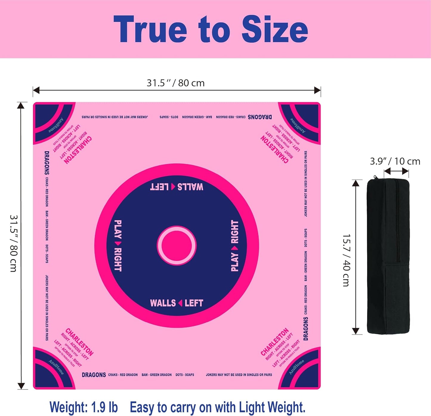Mahjong Mat with Carrying Bag, 31.5"X31.5"Pink