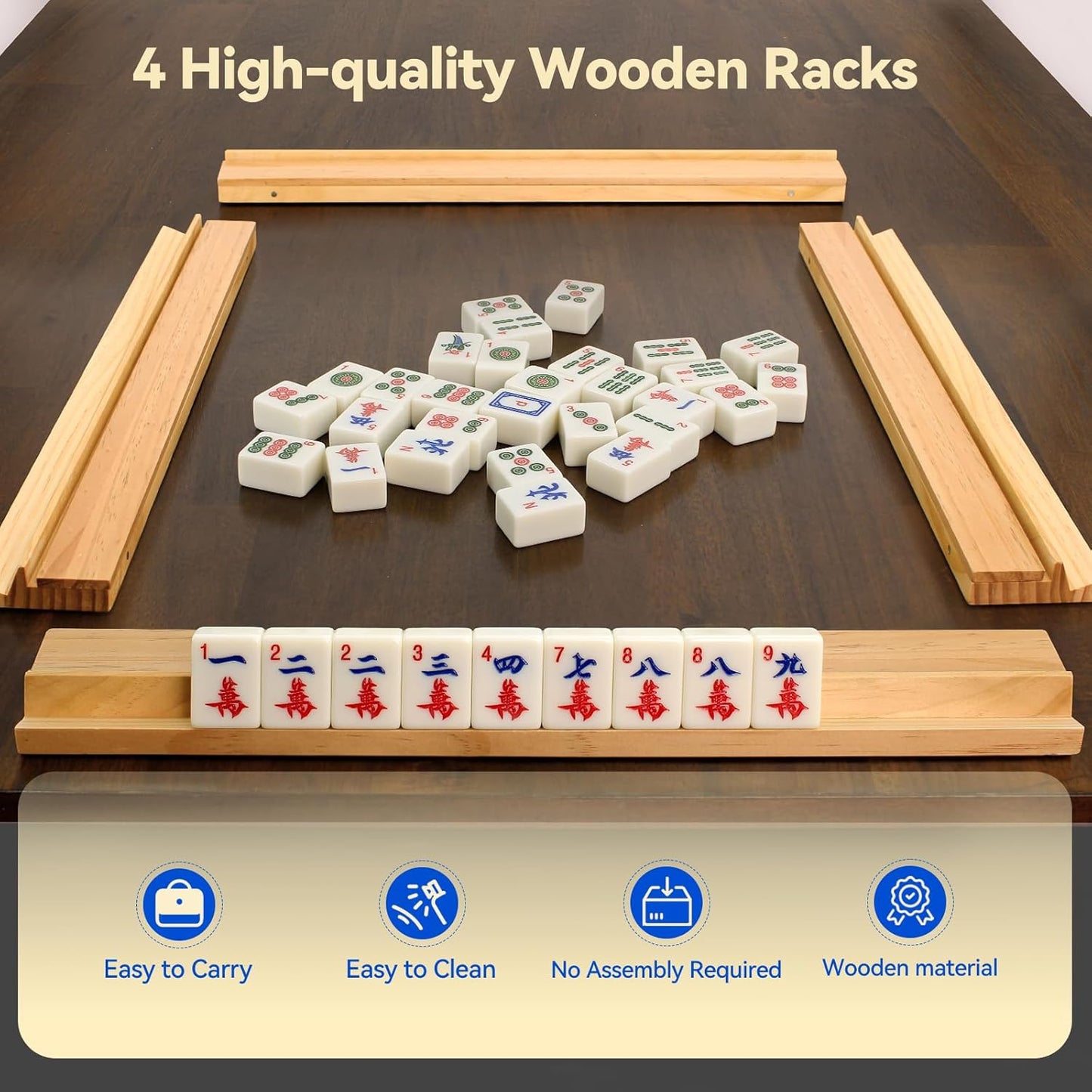 4pc Mahjong Racks 19'' Wooden Mahjong Racks with Pushers