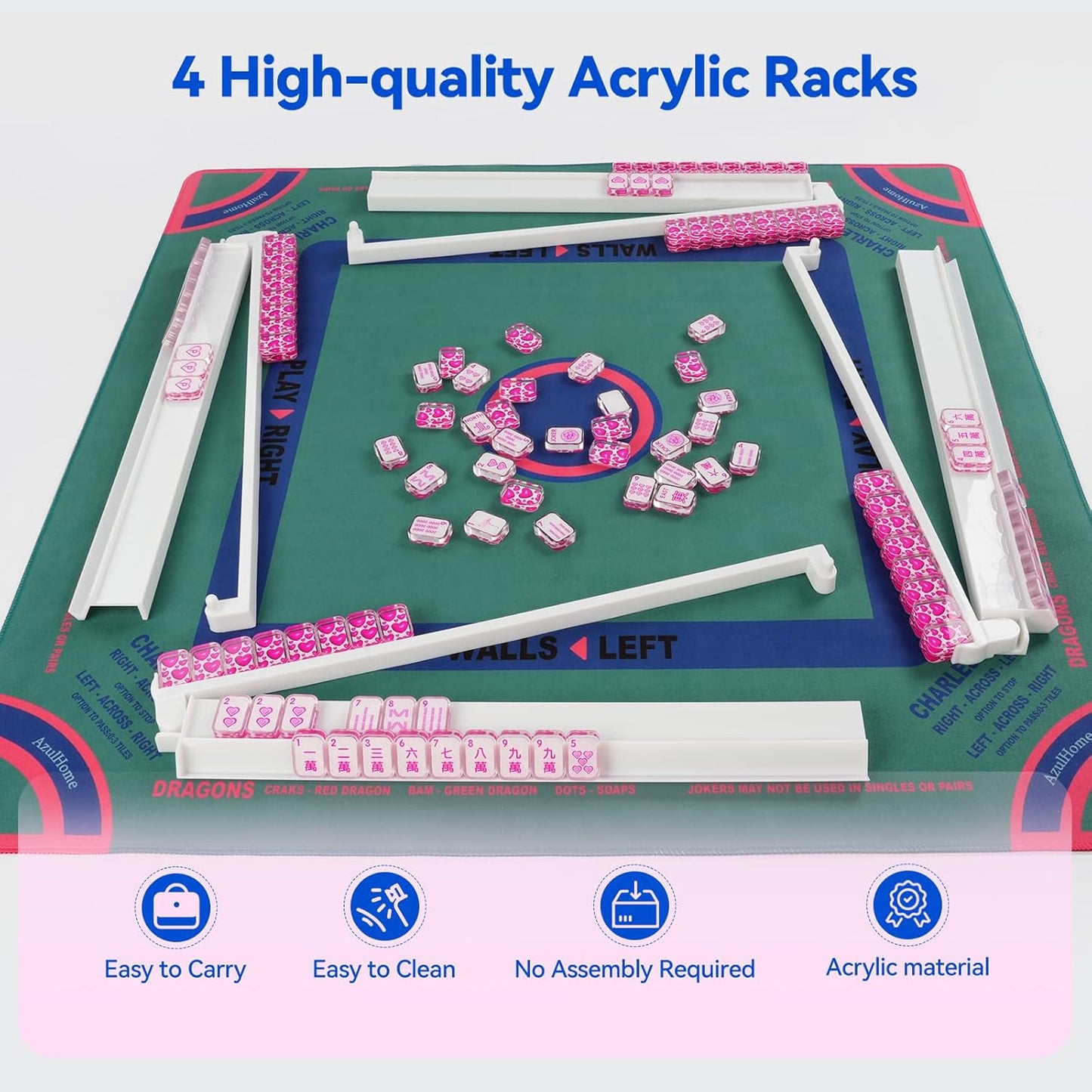 4pc Mahjong Racks with Pushers, 18'' Ivory White Acrylic